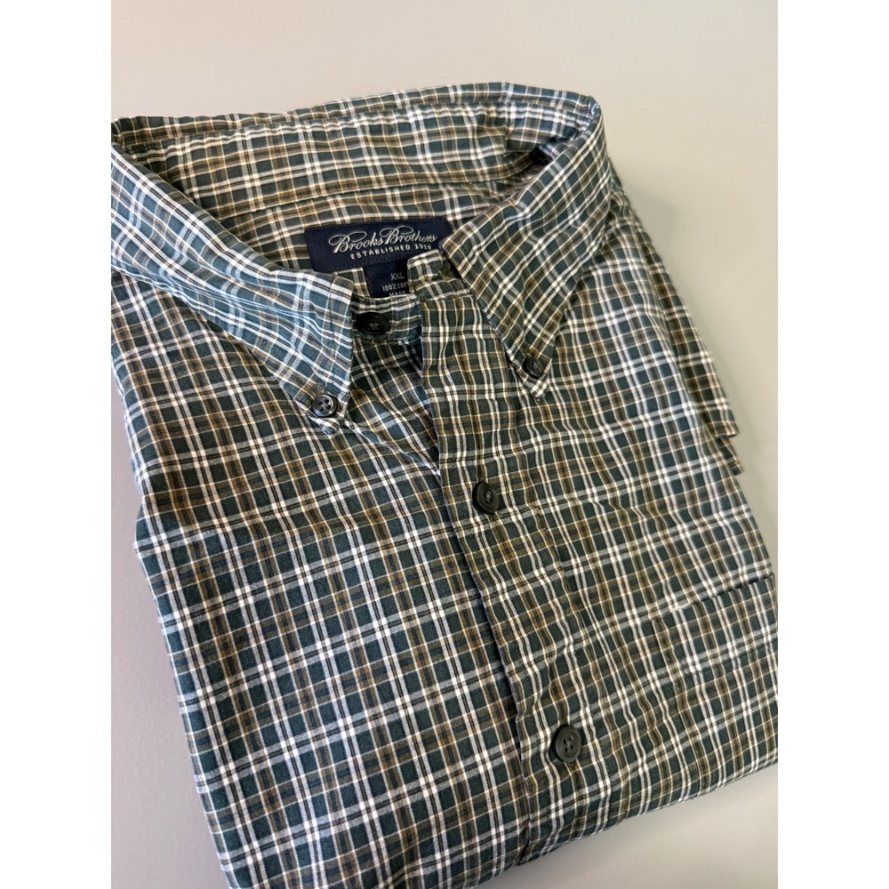 Brooks Brothers Mens XXL Plaid Button Down Shirt Green Navy Blue 100% Cotton